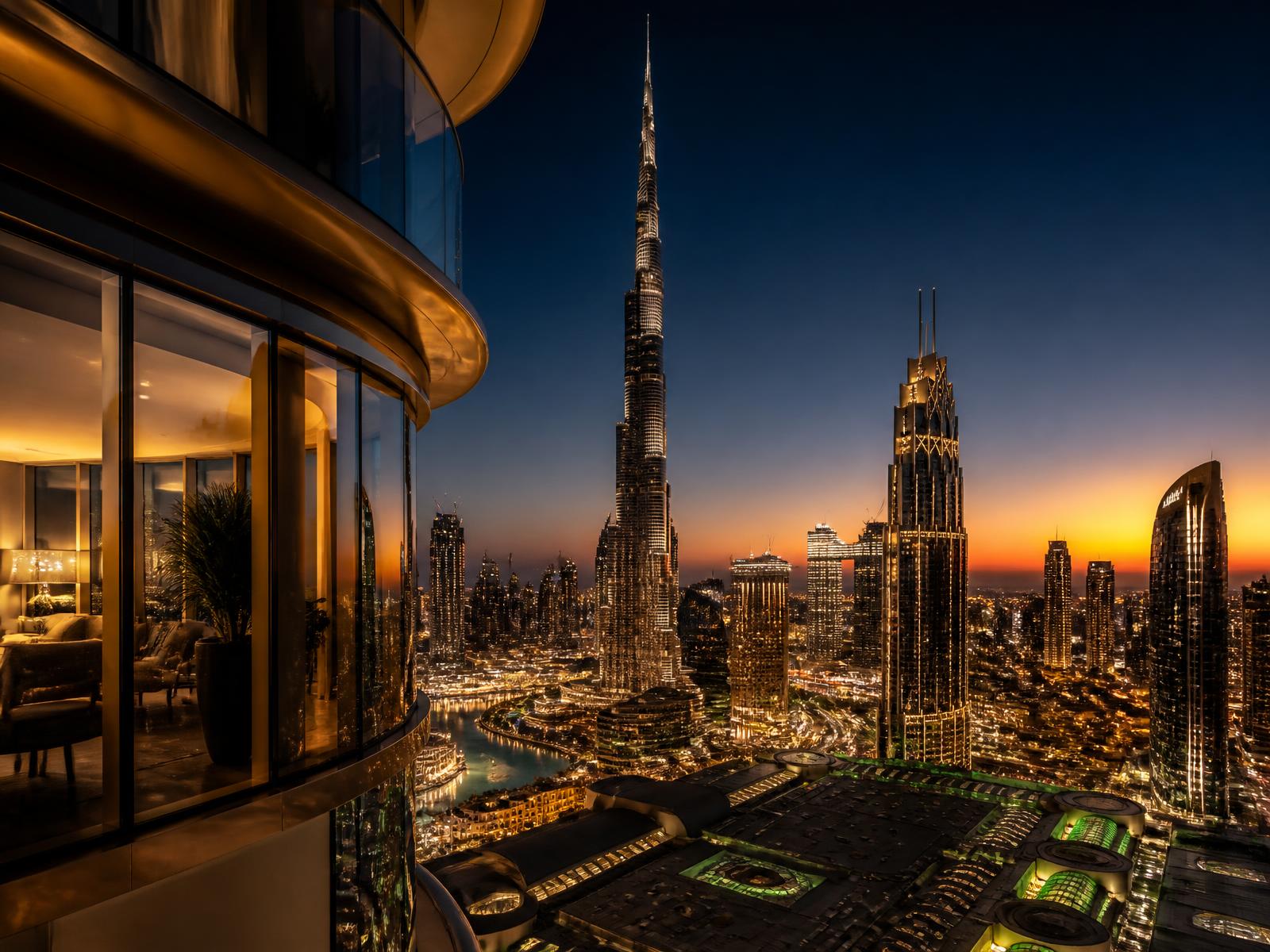 Vista nocturna del skyline de Dubái desde una residencia de lujo
